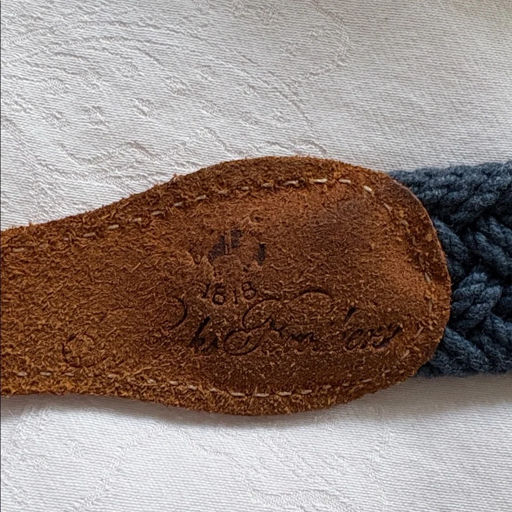 Brooks Brothers Solid Brass Belt Braided Navy Knit Brown Leather Trim 42